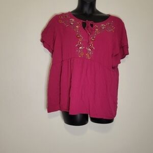 Torrid size 22/24 pink short sleeves keyhole boho top with embroidery